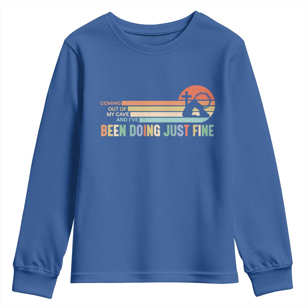 Retro Coming Out Of My Cave Christian Easter Parody Youth Sweatshirt I’ve Been Doing Just Fine Resurrection Humor Faith Gift