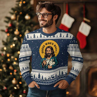 Guess Who is Back Funny Christian Easter Ugly Christmas Sweater Winking Jesus with Lamb Cute Resurrection Humor Gift