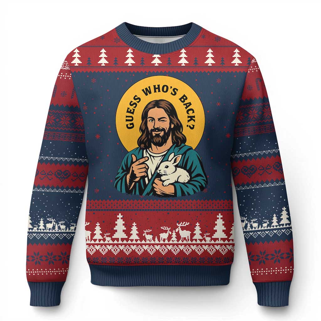 Guess Who is Back Funny Christian Easter Ugly Christmas Sweater Winking Jesus with Lamb Cute Resurrection Humor Gift