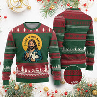Guess Who is Back Funny Christian Easter Ugly Christmas Sweater Winking Jesus with Lamb Cute Resurrection Humor Gift