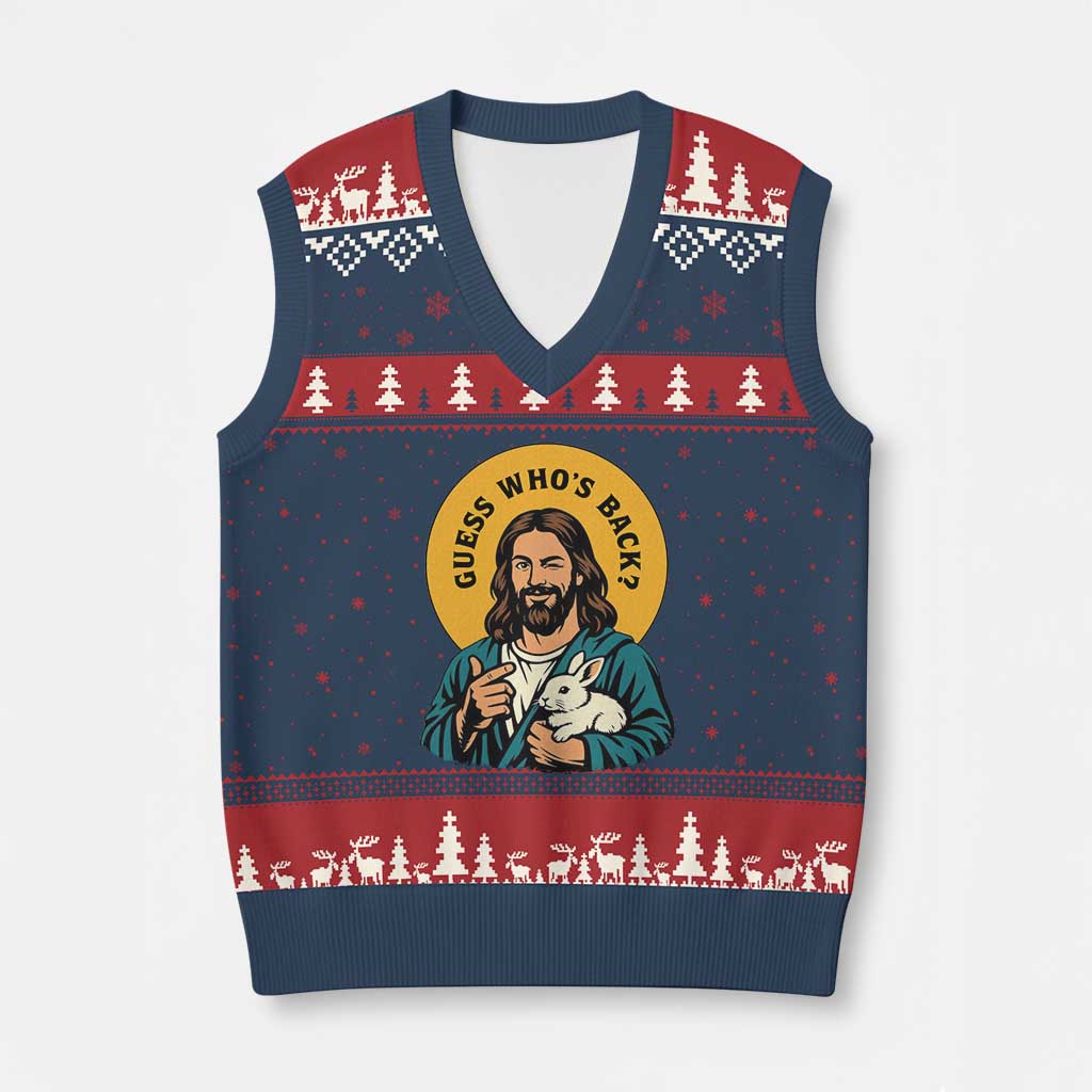 Guess Who is Back Funny Christian Easter V-Neck Knit Sweater Vest Winking Jesus with Lamb Cute Resurrection Humor Gift