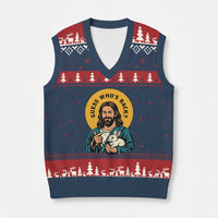 Guess Who is Back Funny Christian Easter V-Neck Knit Sweater Vest Winking Jesus with Lamb Cute Resurrection Humor Gift