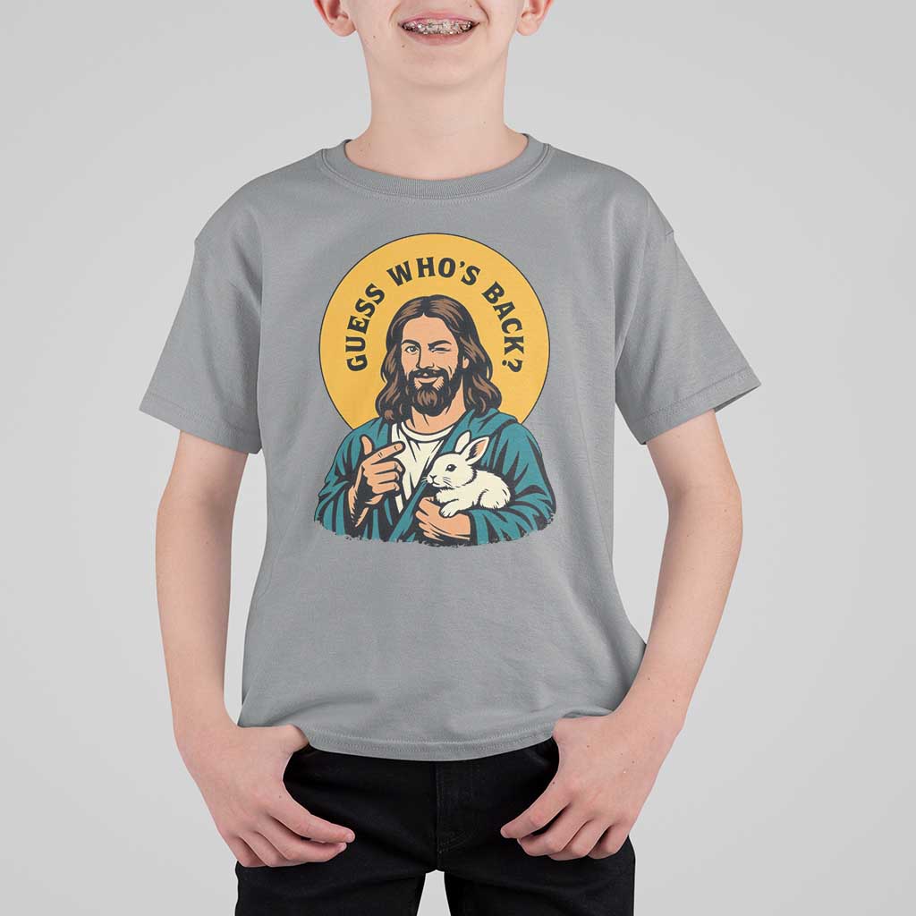 Guess Who is Back Funny Christian Easter T Shirt For Kid Winking Jesus with Lamb Cute Resurrection Humor Gift