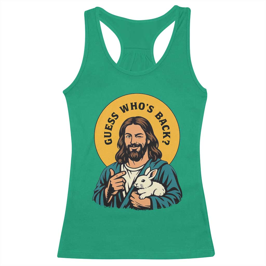 Guess Who is Back Funny Christian Easter Racerback Tank Top Winking Jesus with Lamb Cute Resurrection Humor Gift