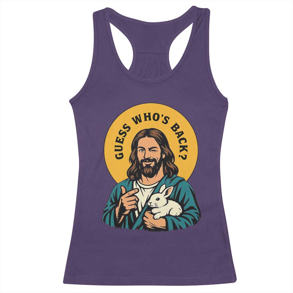 Guess Who is Back Funny Christian Easter Racerback Tank Top Winking Jesus with Lamb Cute Resurrection Humor Gift