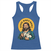 Guess Who is Back Funny Christian Easter Racerback Tank Top Winking Jesus with Lamb Cute Resurrection Humor Gift