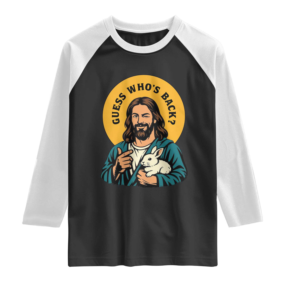 Guess Who is Back Funny Christian Easter Raglan Shirt Winking Jesus with Lamb Cute Resurrection Humor Gift