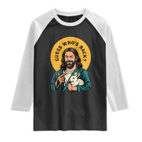 Guess Who is Back Funny Christian Easter Raglan Shirt Winking Jesus with Lamb Cute Resurrection Humor Gift