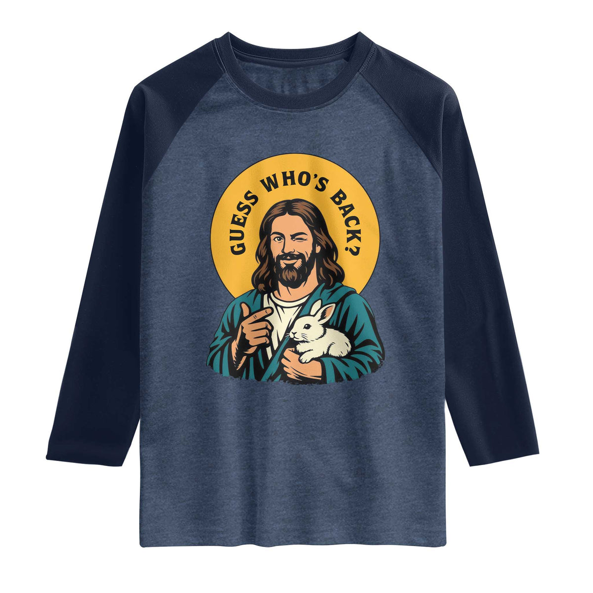 Guess Who is Back Funny Christian Easter Raglan Shirt Winking Jesus with Lamb Cute Resurrection Humor Gift