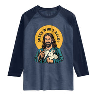 Guess Who is Back Funny Christian Easter Raglan Shirt Winking Jesus with Lamb Cute Resurrection Humor Gift
