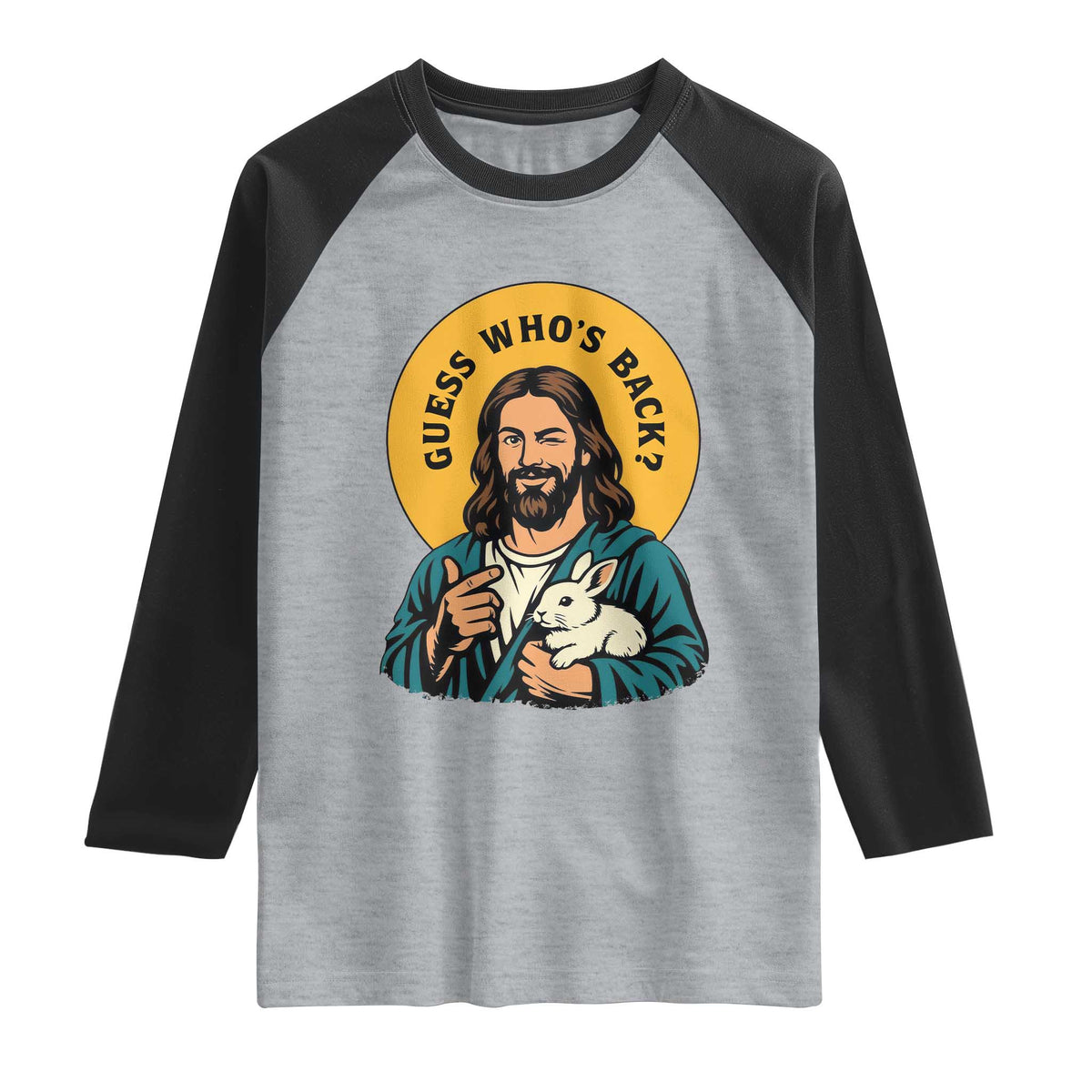 Guess Who is Back Funny Christian Easter Raglan Shirt Winking Jesus with Lamb Cute Resurrection Humor Gift