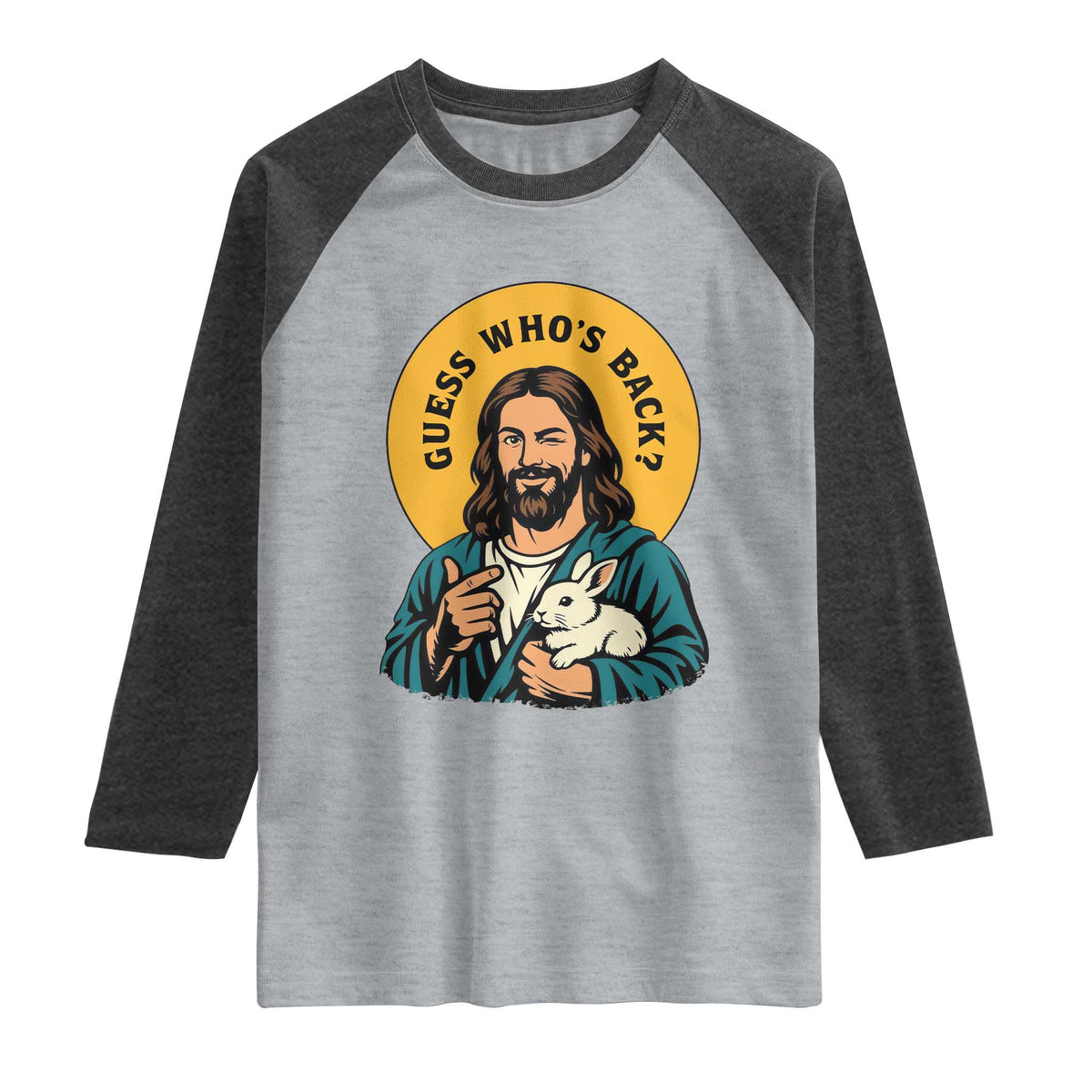 Guess Who is Back Funny Christian Easter Raglan Shirt Winking Jesus with Lamb Cute Resurrection Humor Gift