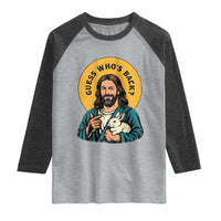 Guess Who is Back Funny Christian Easter Raglan Shirt Winking Jesus with Lamb Cute Resurrection Humor Gift