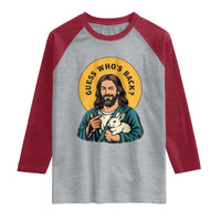 Guess Who is Back Funny Christian Easter Raglan Shirt Winking Jesus with Lamb Cute Resurrection Humor Gift