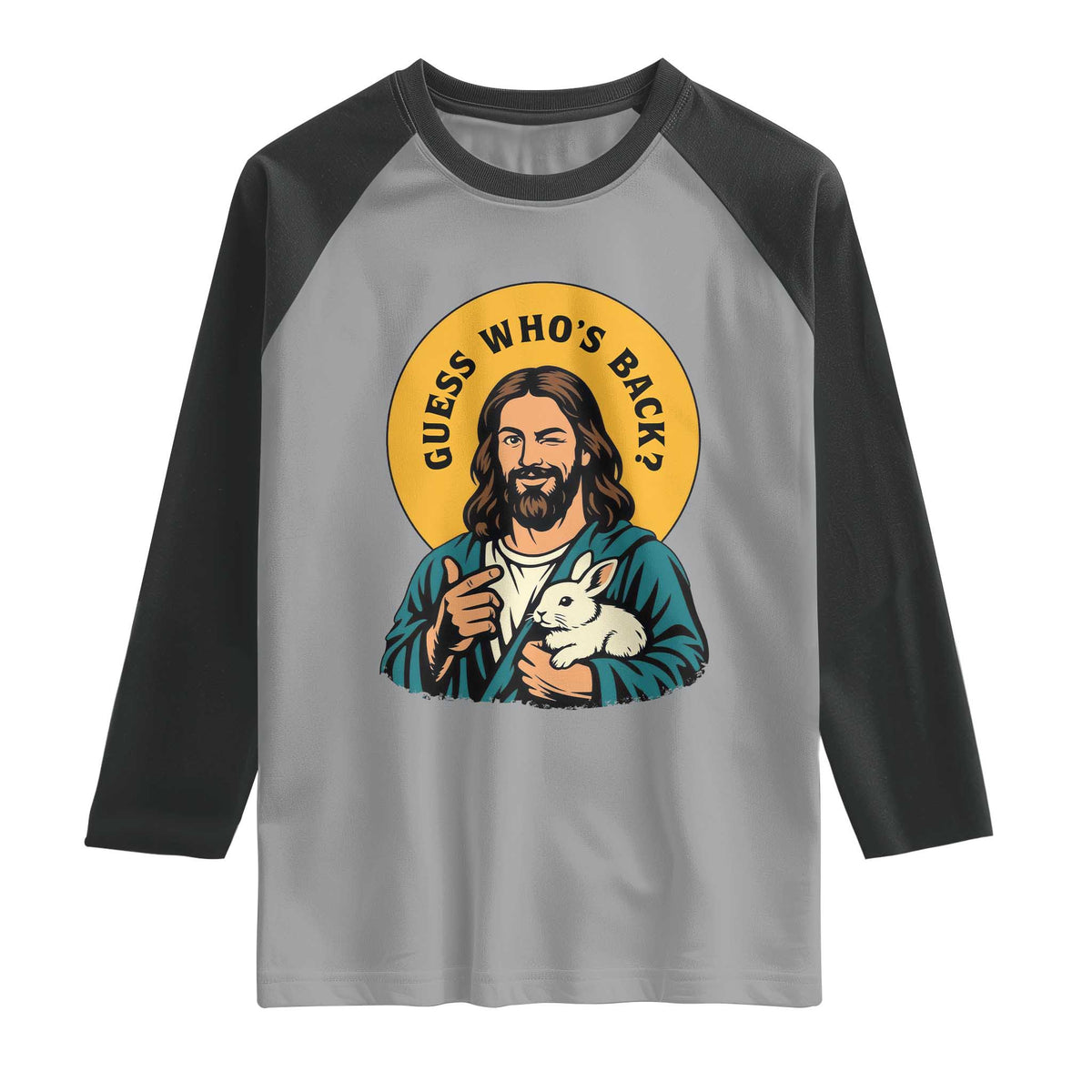 Guess Who is Back Funny Christian Easter Raglan Shirt Winking Jesus with Lamb Cute Resurrection Humor Gift