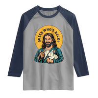 Guess Who is Back Funny Christian Easter Raglan Shirt Winking Jesus with Lamb Cute Resurrection Humor Gift