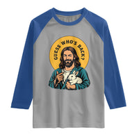 Guess Who is Back Funny Christian Easter Raglan Shirt Winking Jesus with Lamb Cute Resurrection Humor Gift