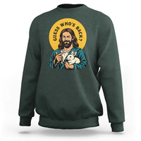 Guess Who is Back Funny Christian Easter Sweatshirt Winking Jesus with Lamb Cute Resurrection Humor Gift