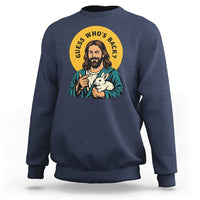 Guess Who is Back Funny Christian Easter Sweatshirt Winking Jesus with Lamb Cute Resurrection Humor Gift