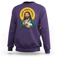 Guess Who is Back Funny Christian Easter Sweatshirt Winking Jesus with Lamb Cute Resurrection Humor Gift