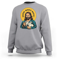 Guess Who is Back Funny Christian Easter Sweatshirt Winking Jesus with Lamb Cute Resurrection Humor Gift