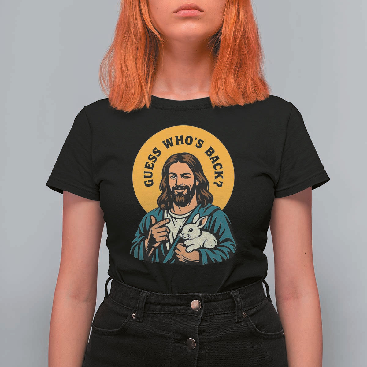 Guess Who is Back Funny Christian Easter T Shirt For Women Winking Jesus with Lamb Cute Resurrection Humor Gift