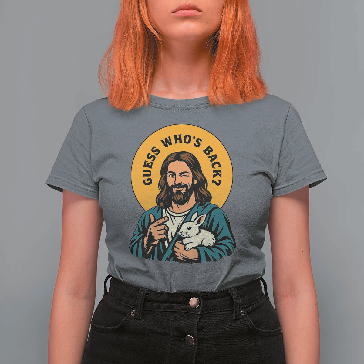 Guess Who is Back Funny Christian Easter T Shirt For Women Winking Jesus with Lamb Cute Resurrection Humor Gift