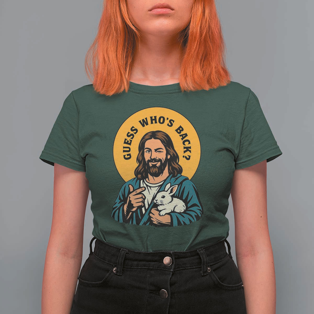 Guess Who is Back Funny Christian Easter T Shirt For Women Winking Jesus with Lamb Cute Resurrection Humor Gift