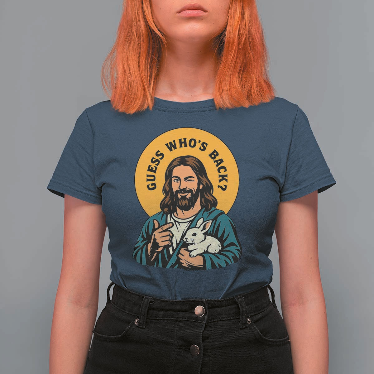 Guess Who is Back Funny Christian Easter T Shirt For Women Winking Jesus with Lamb Cute Resurrection Humor Gift