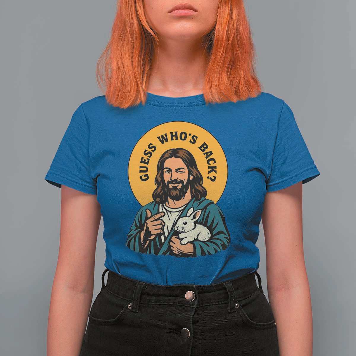 Guess Who is Back Funny Christian Easter T Shirt For Women Winking Jesus with Lamb Cute Resurrection Humor Gift