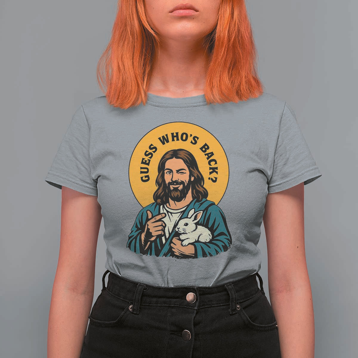 Guess Who is Back Funny Christian Easter T Shirt For Women Winking Jesus with Lamb Cute Resurrection Humor Gift