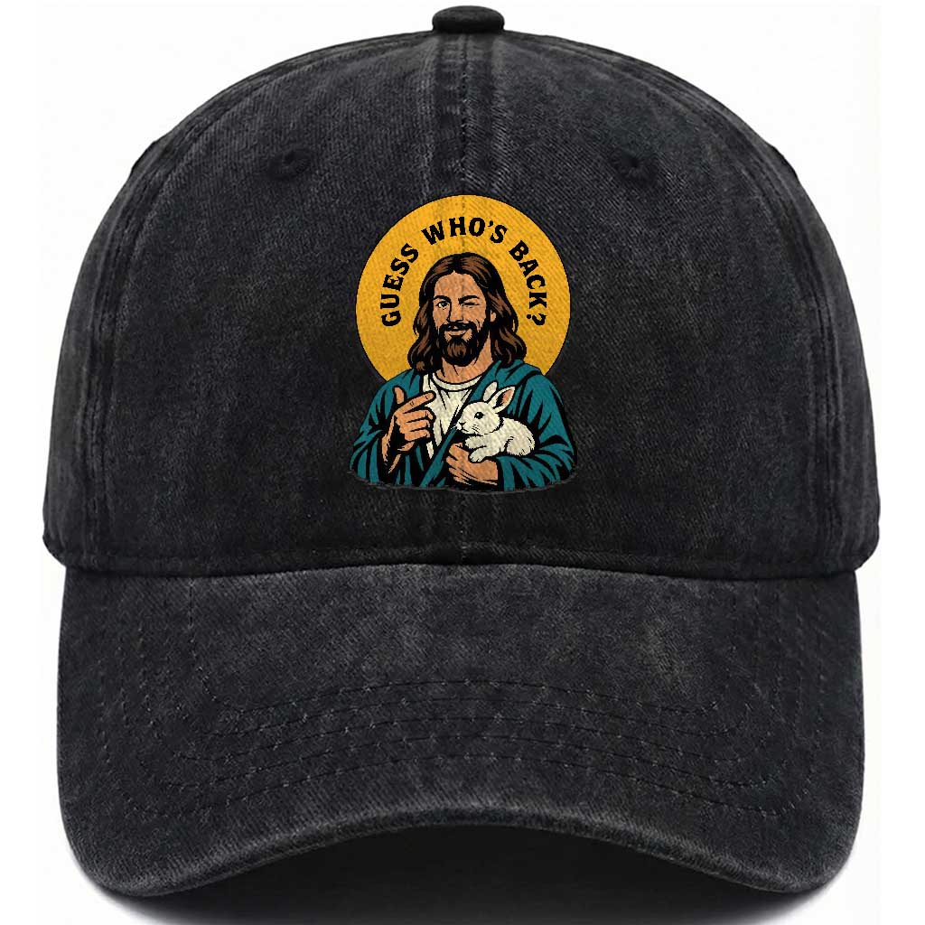 Guess Who is Back Funny Christian Easter Washed Cotton Baseball Cap Winking Jesus with Lamb Cute Resurrection Humor Gift
