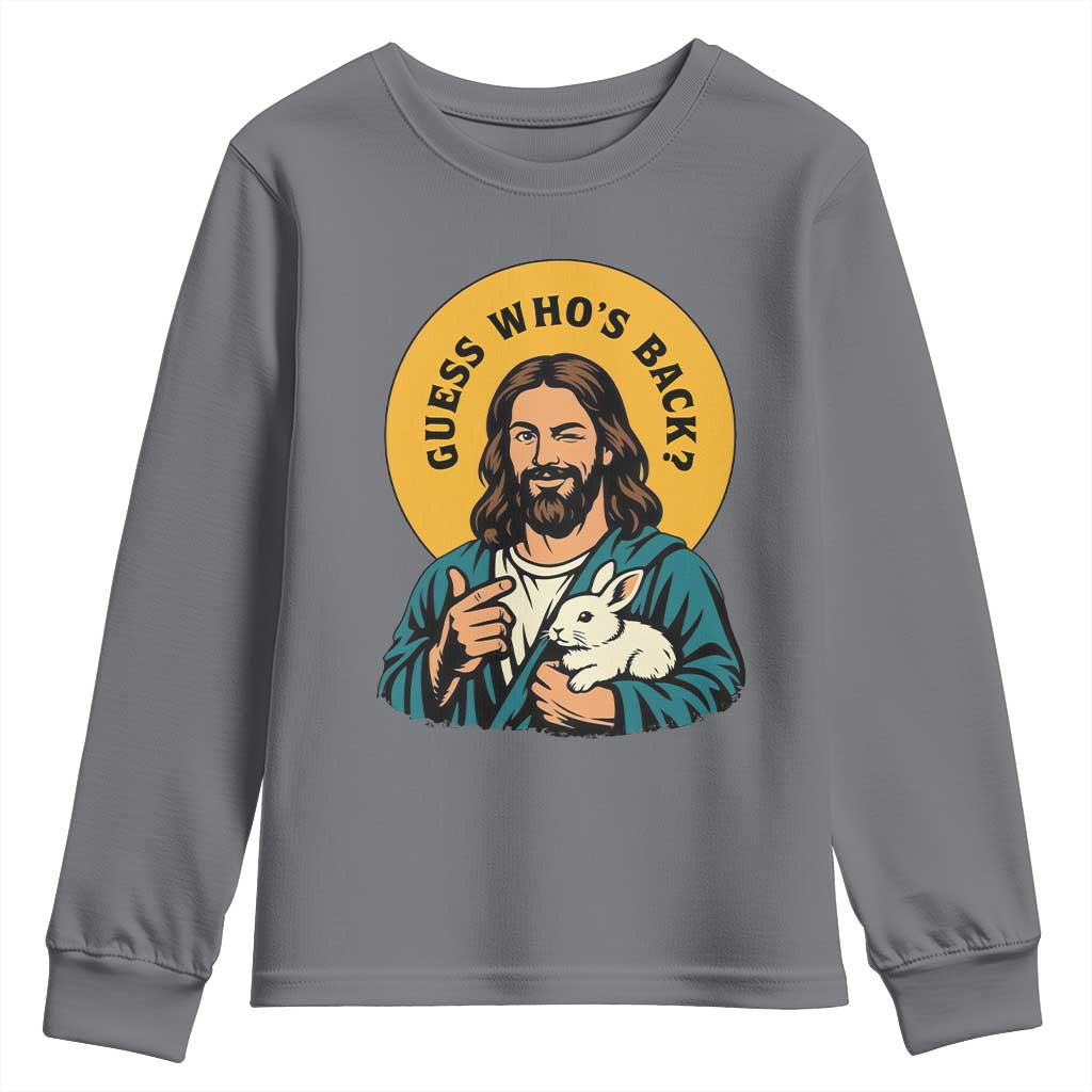 Guess Who is Back Funny Christian Easter Youth Sweatshirt Winking Jesus with Lamb Cute Resurrection Humor Gift