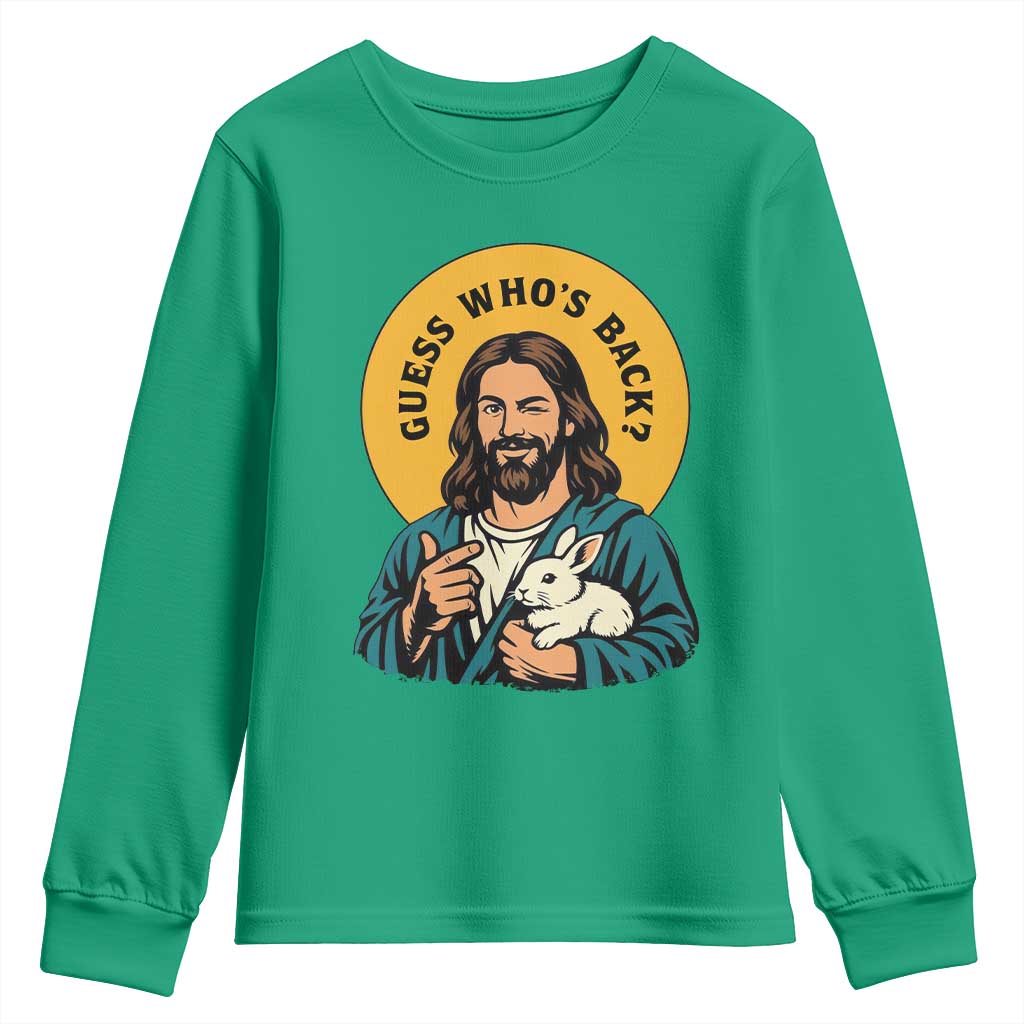Guess Who is Back Funny Christian Easter Youth Sweatshirt Winking Jesus with Lamb Cute Resurrection Humor Gift