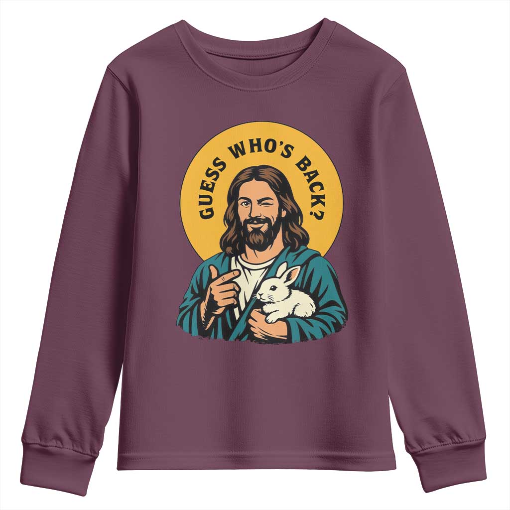 Guess Who is Back Funny Christian Easter Youth Sweatshirt Winking Jesus with Lamb Cute Resurrection Humor Gift