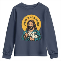Guess Who is Back Funny Christian Easter Youth Sweatshirt Winking Jesus with Lamb Cute Resurrection Humor Gift