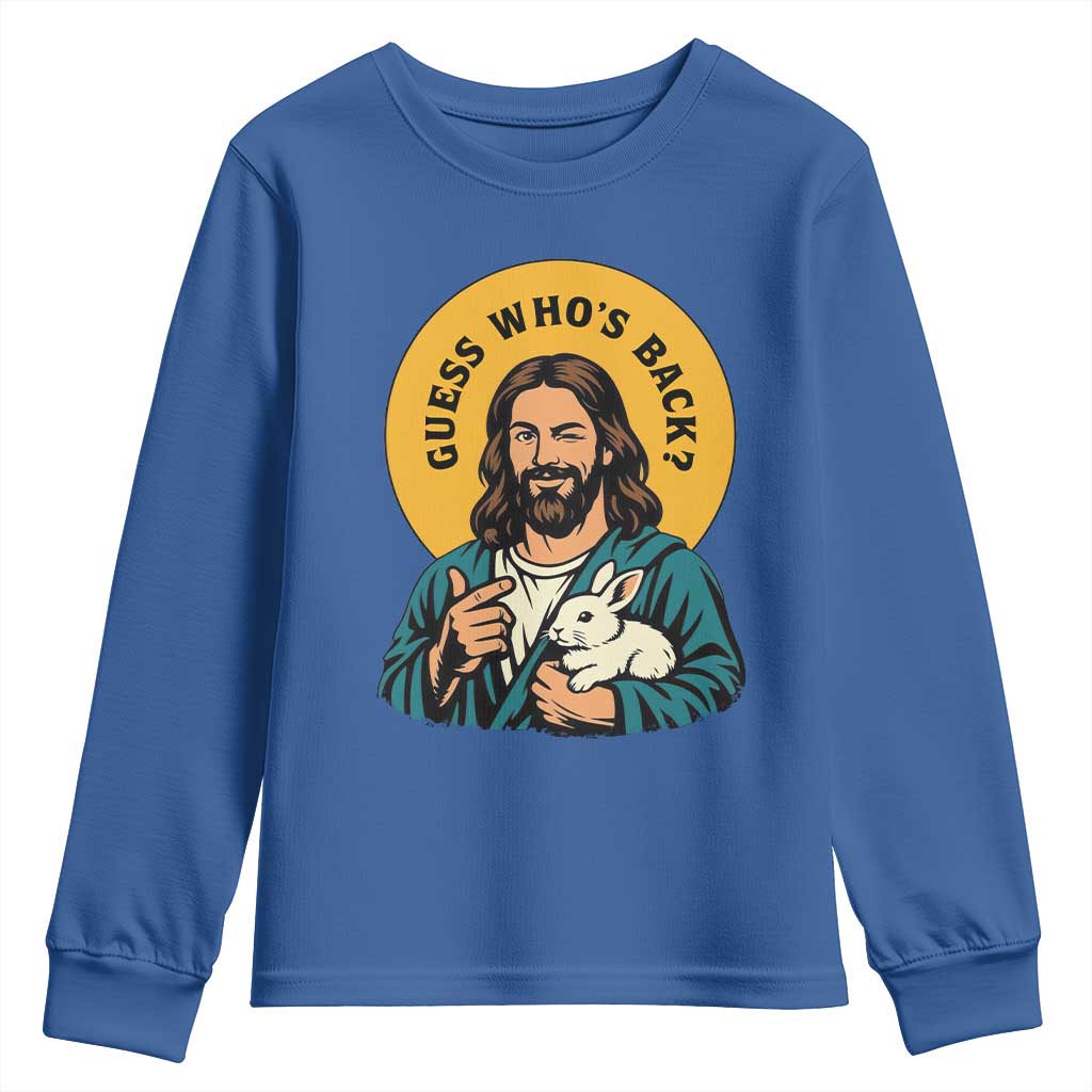 Guess Who is Back Funny Christian Easter Youth Sweatshirt Winking Jesus with Lamb Cute Resurrection Humor Gift