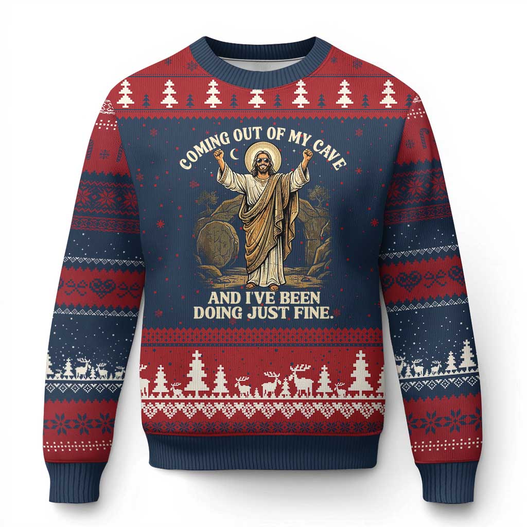Coming Out Of My Cave Christian Easter Ugly Christmas Sweater Risen Jesus Tomb Scene Inspirational Faith Message Gift