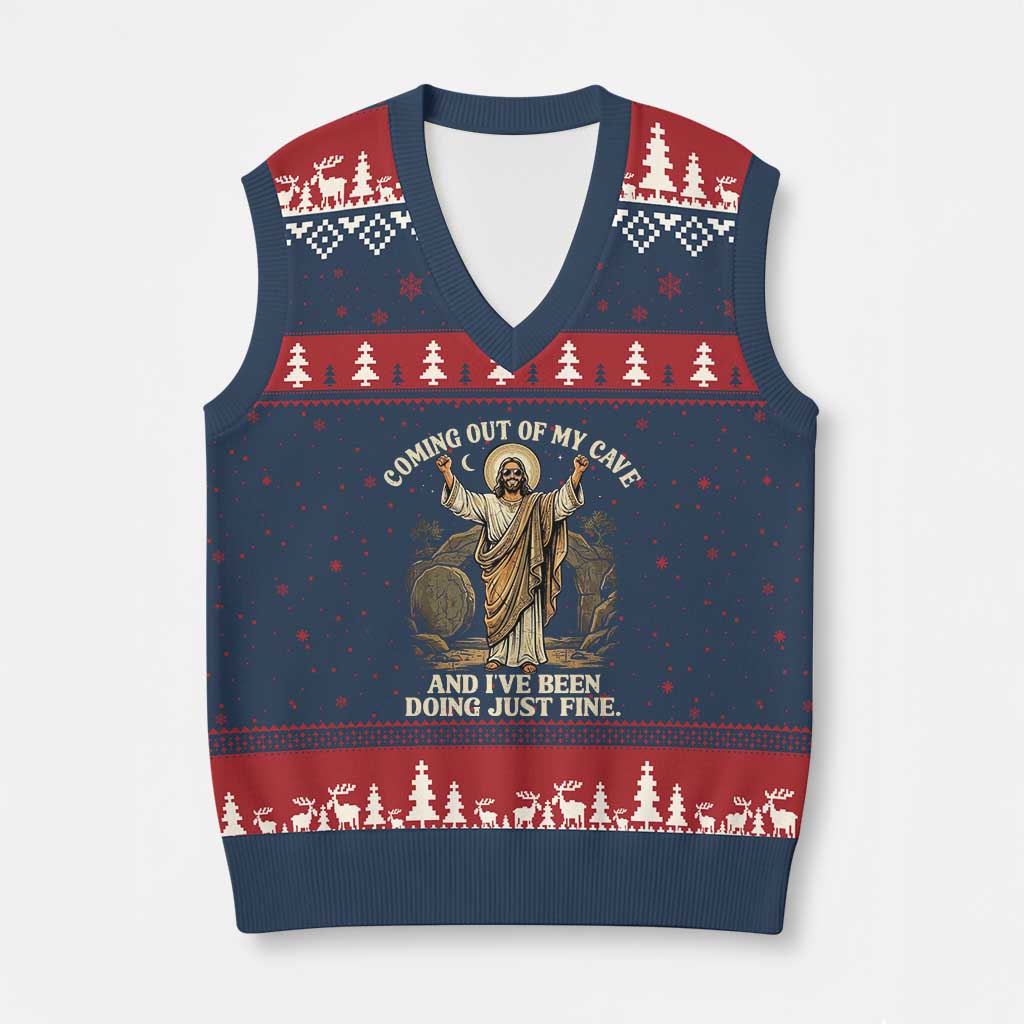 Coming Out Of My Cave Christian Easter V-Neck Knit Sweater Vest Risen Jesus Tomb Scene Inspirational Faith Message Gift