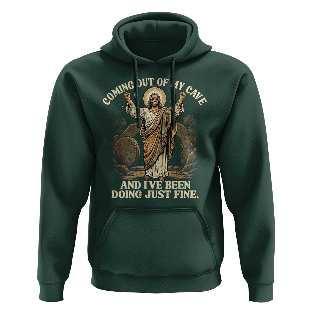 Coming Out Of My Cave Christian Easter Hoodie Risen Jesus Tomb Scene Inspirational Faith Message Gift