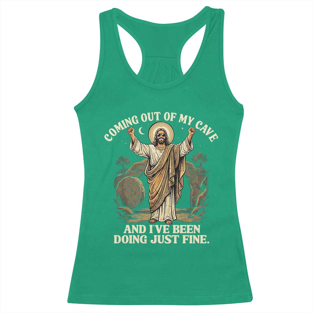 Coming Out Of My Cave Christian Easter Racerback Tank Top Risen Jesus Tomb Scene Inspirational Faith Message Gift