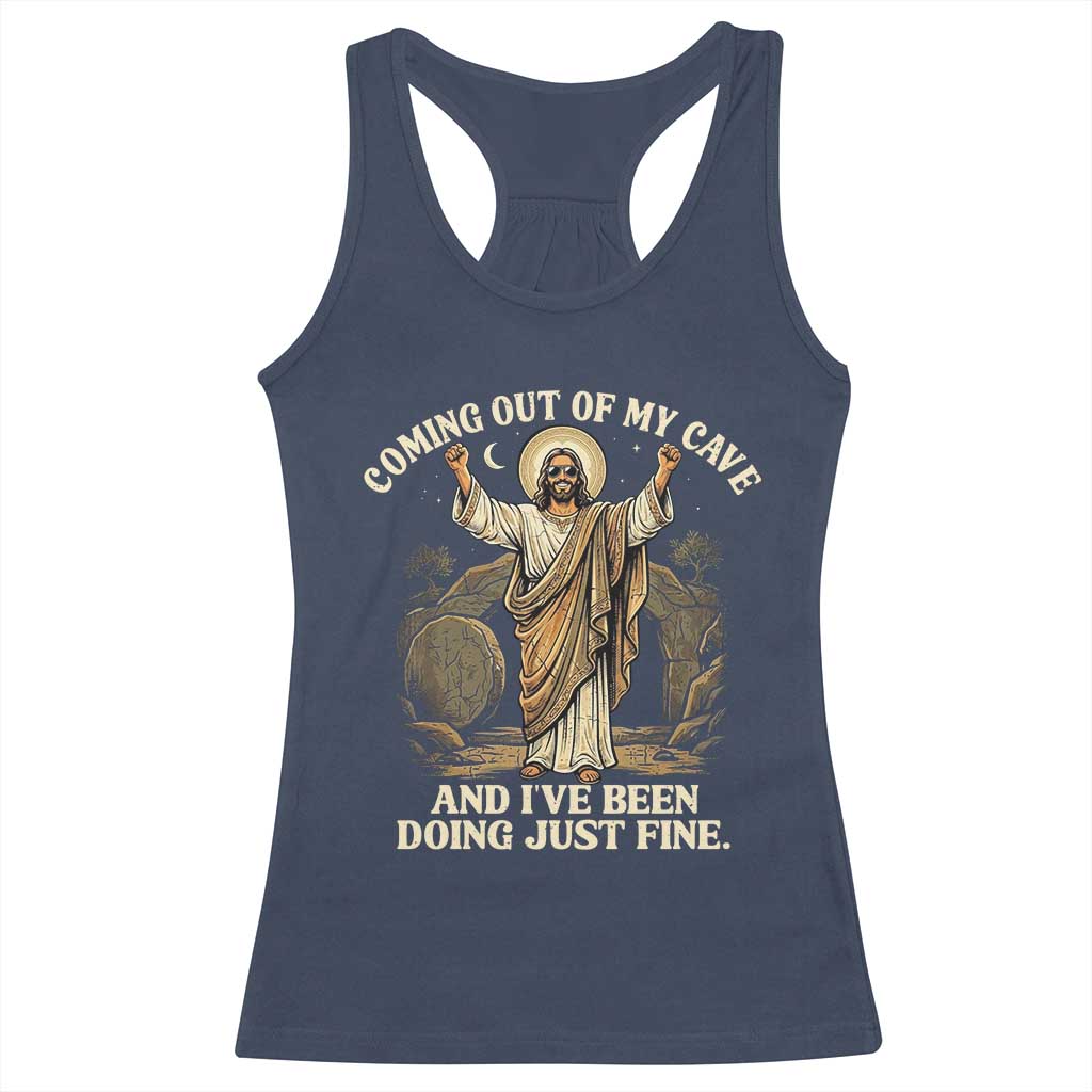 Coming Out Of My Cave Christian Easter Racerback Tank Top Risen Jesus Tomb Scene Inspirational Faith Message Gift