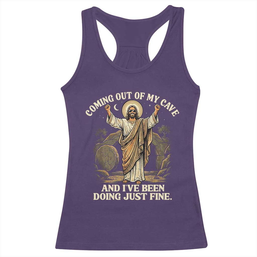 Coming Out Of My Cave Christian Easter Racerback Tank Top Risen Jesus Tomb Scene Inspirational Faith Message Gift