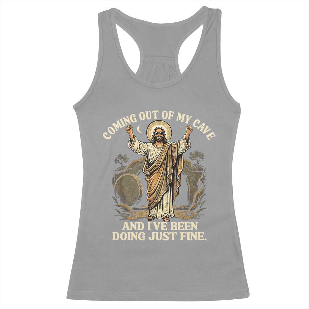 Coming Out Of My Cave Christian Easter Racerback Tank Top Risen Jesus Tomb Scene Inspirational Faith Message Gift