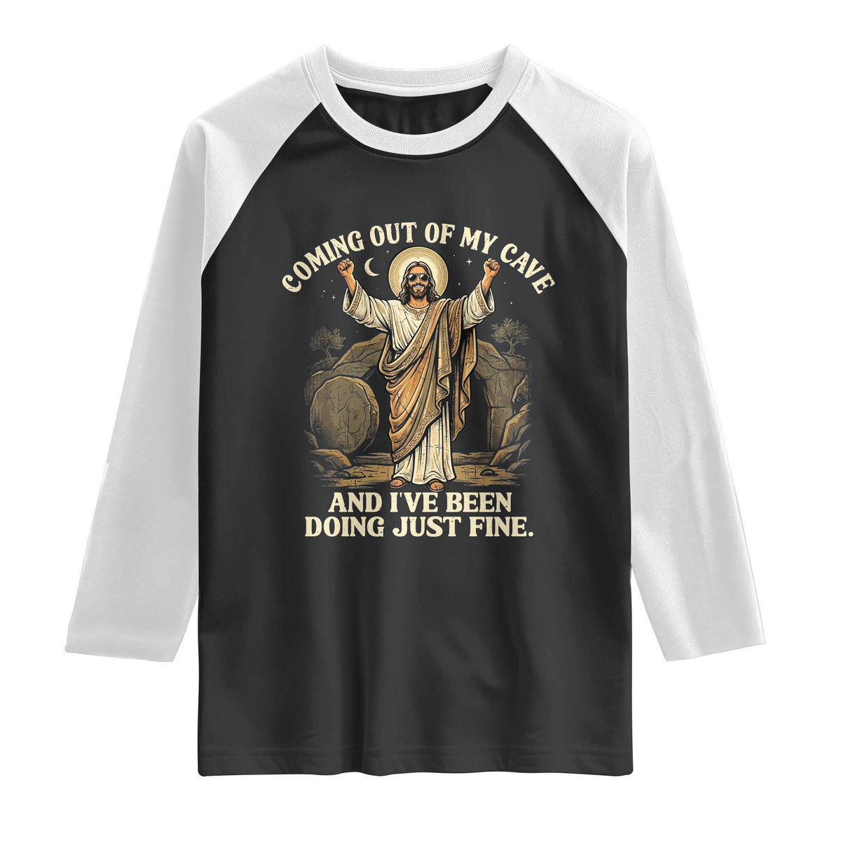 Coming Out Of My Cave Christian Easter Raglan Shirt Risen Jesus Tomb Scene Inspirational Faith Message Gift