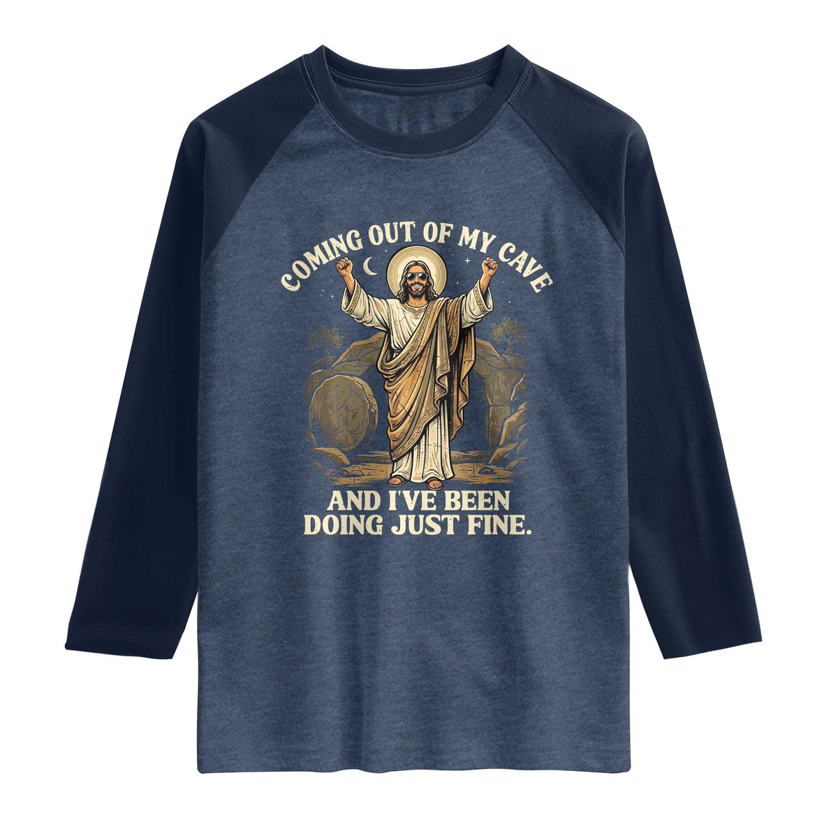 Coming Out Of My Cave Christian Easter Raglan Shirt Risen Jesus Tomb Scene Inspirational Faith Message Gift