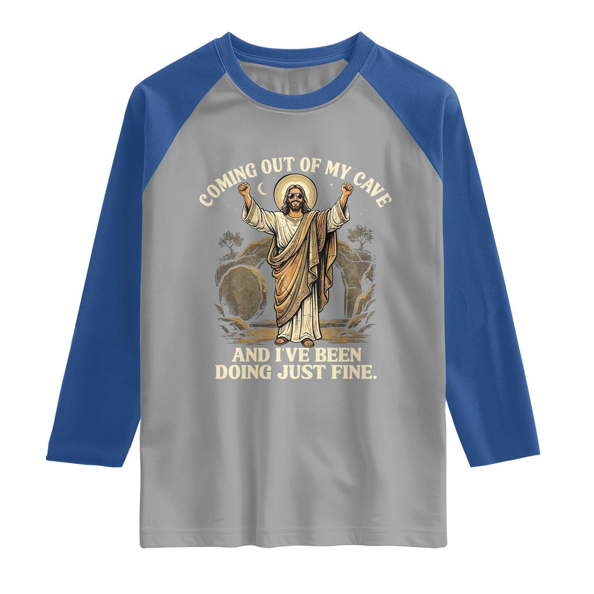 Coming Out Of My Cave Christian Easter Raglan Shirt Risen Jesus Tomb Scene Inspirational Faith Message Gift