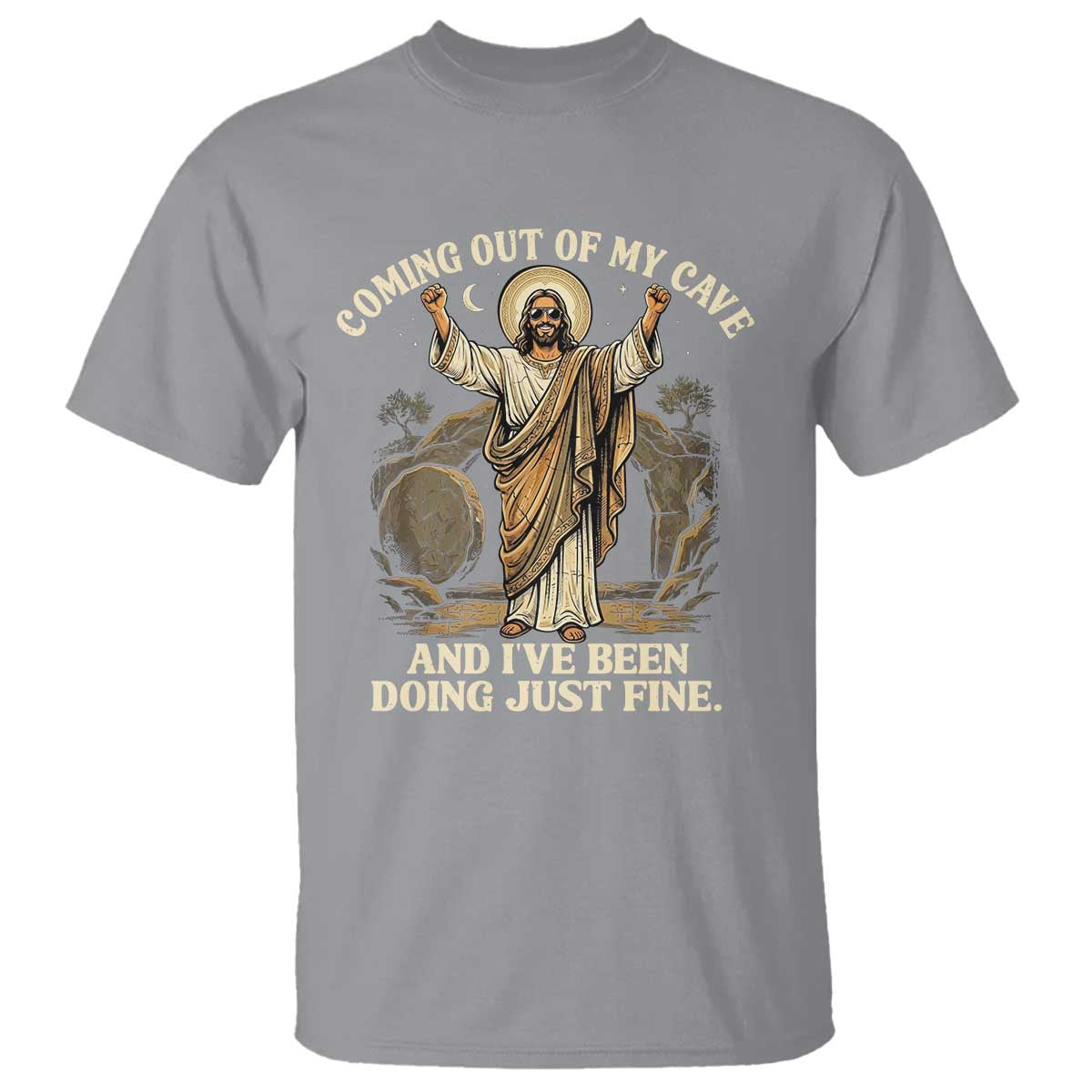 Coming Out Of My Cave Christian Easter T Shirt Risen Jesus Tomb Scene Inspirational Faith Message Gift