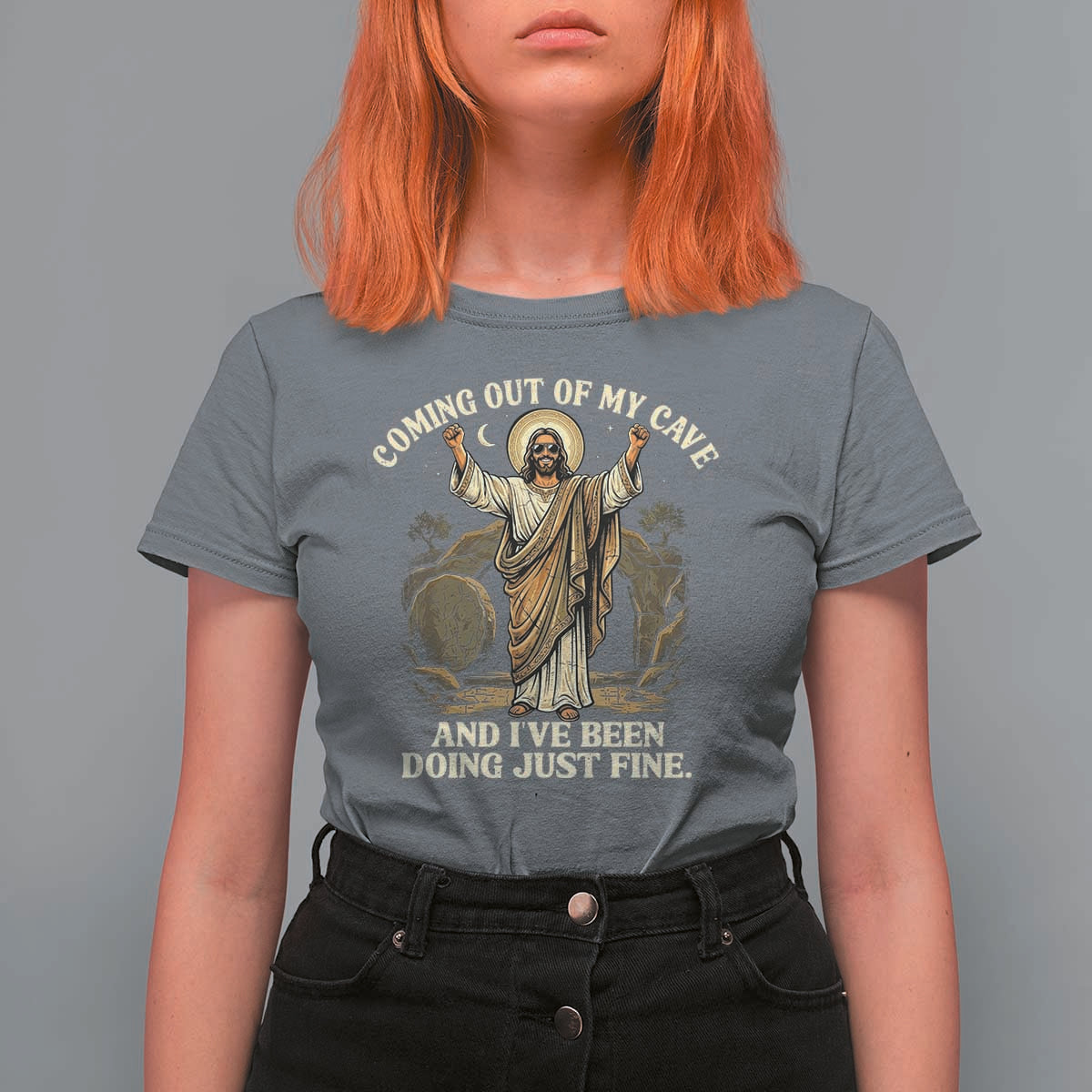 Coming Out Of My Cave Christian Easter T Shirt For Women Risen Jesus Tomb Scene Inspirational Faith Message Gift