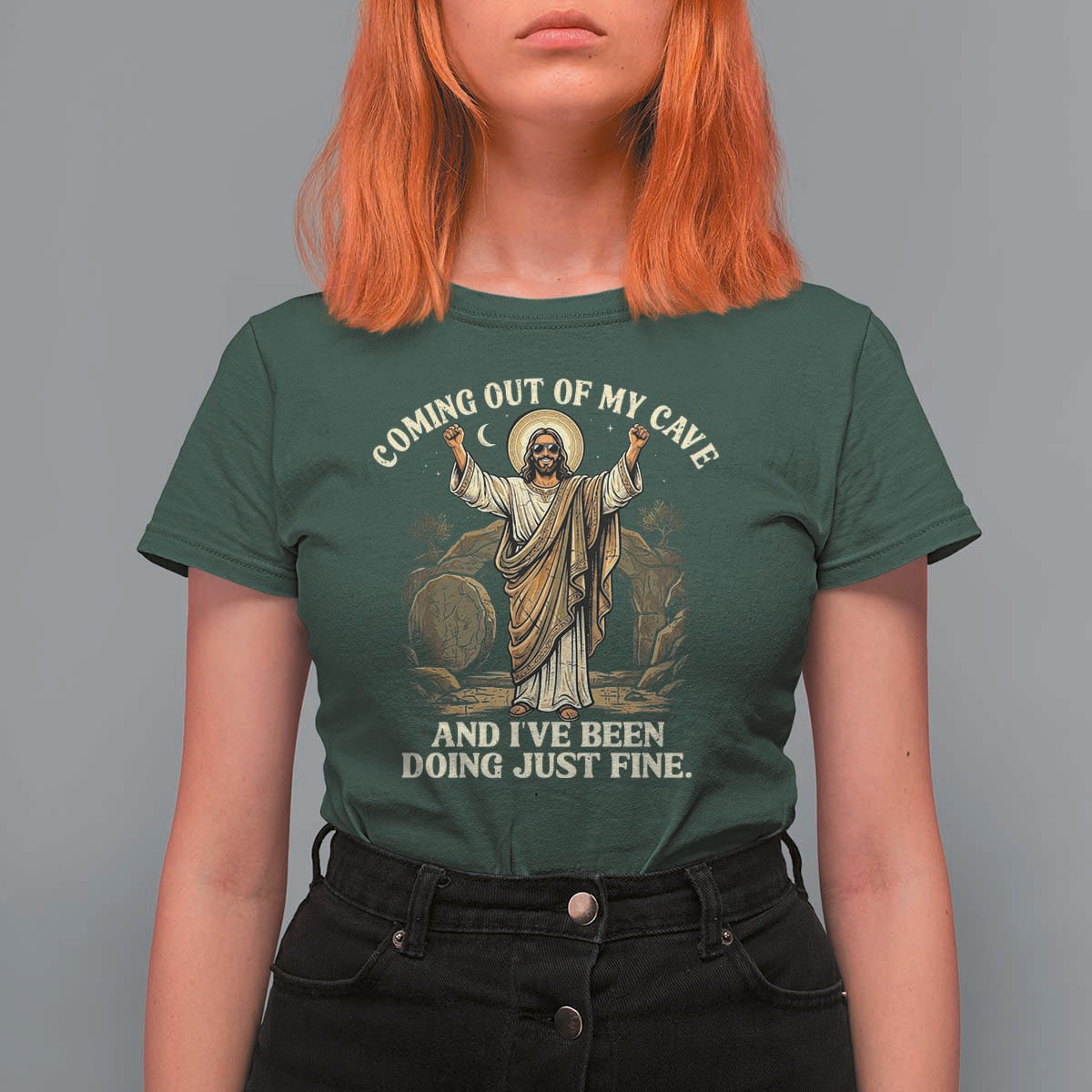 Coming Out Of My Cave Christian Easter T Shirt For Women Risen Jesus Tomb Scene Inspirational Faith Message Gift